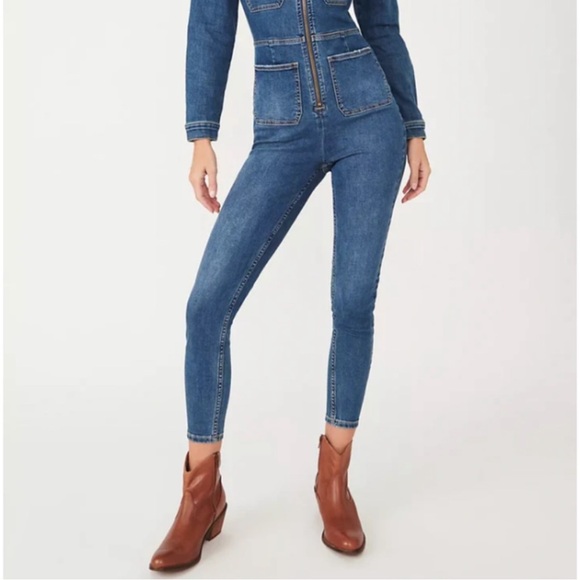 FREE PEOPLE Lennox Zip-Front Denim Jumpsuit Large - Picture 5 of 6